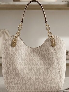 Michael Kors Cream + Beige MK Logo Shoulder Bag with Gold Hardware